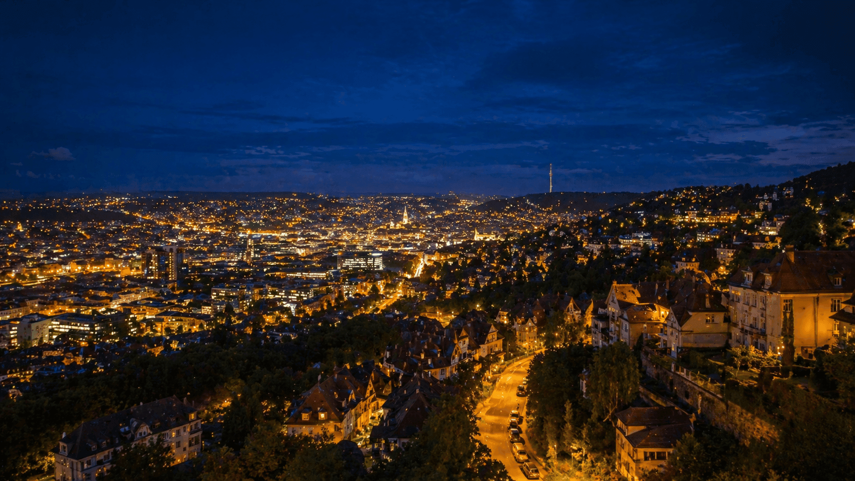Stuttgart skyline at night with chauffeur transfer service