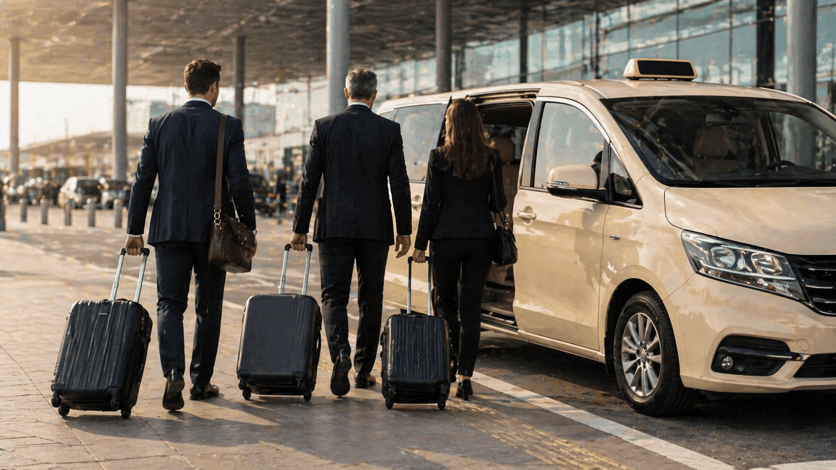 corporate group with suitcases boarding van at Stuttgart Airport